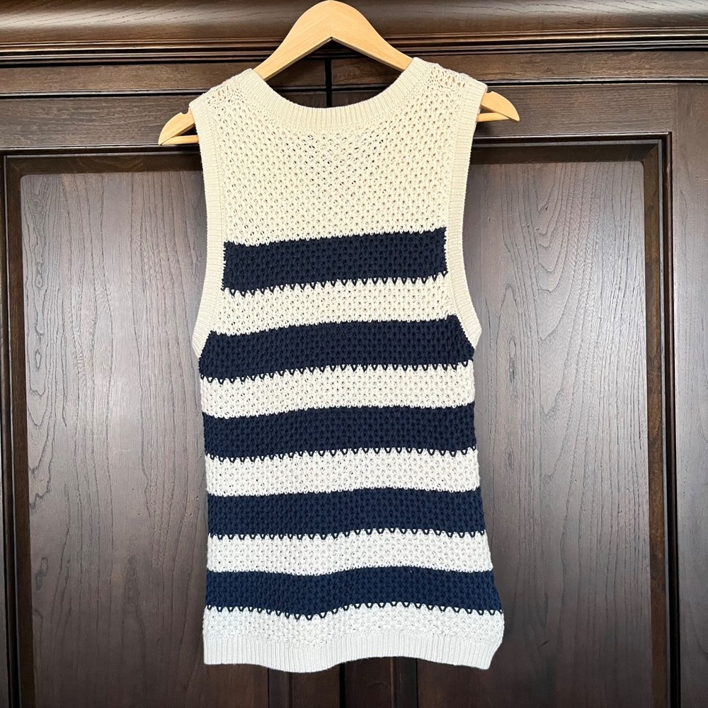 EVEREVE Sweater Vest Womens Sz XL Navy Ivory Striped Open Knit Classic Work - Picture 4 of 6